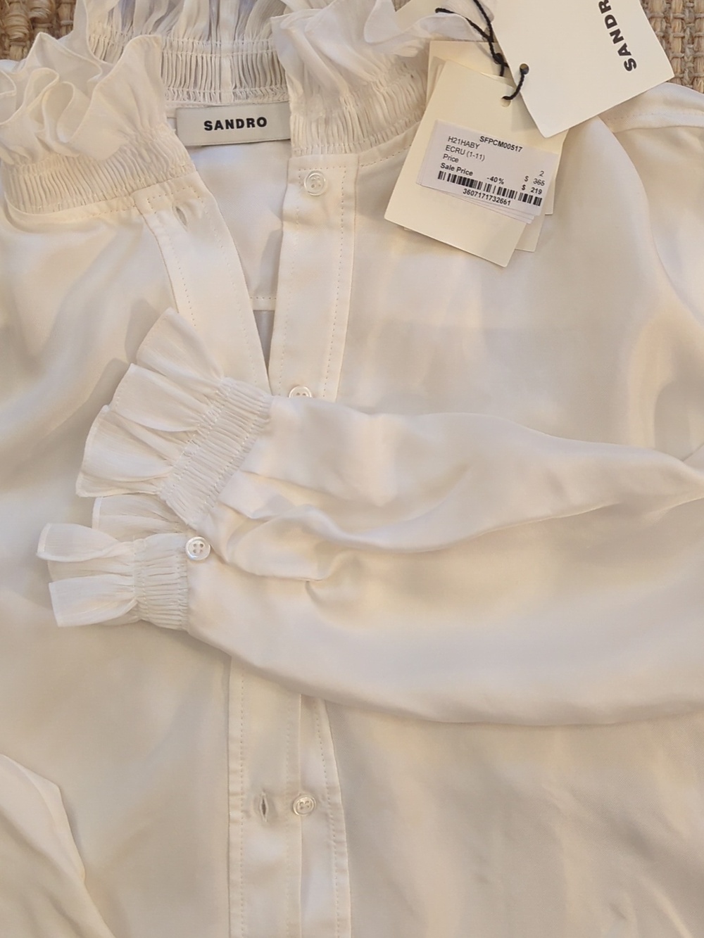 NWT Sandro Silk Gathered Collar Blouse | White | Long Sleeve | Size Medium (2) - Picture 5 of 7